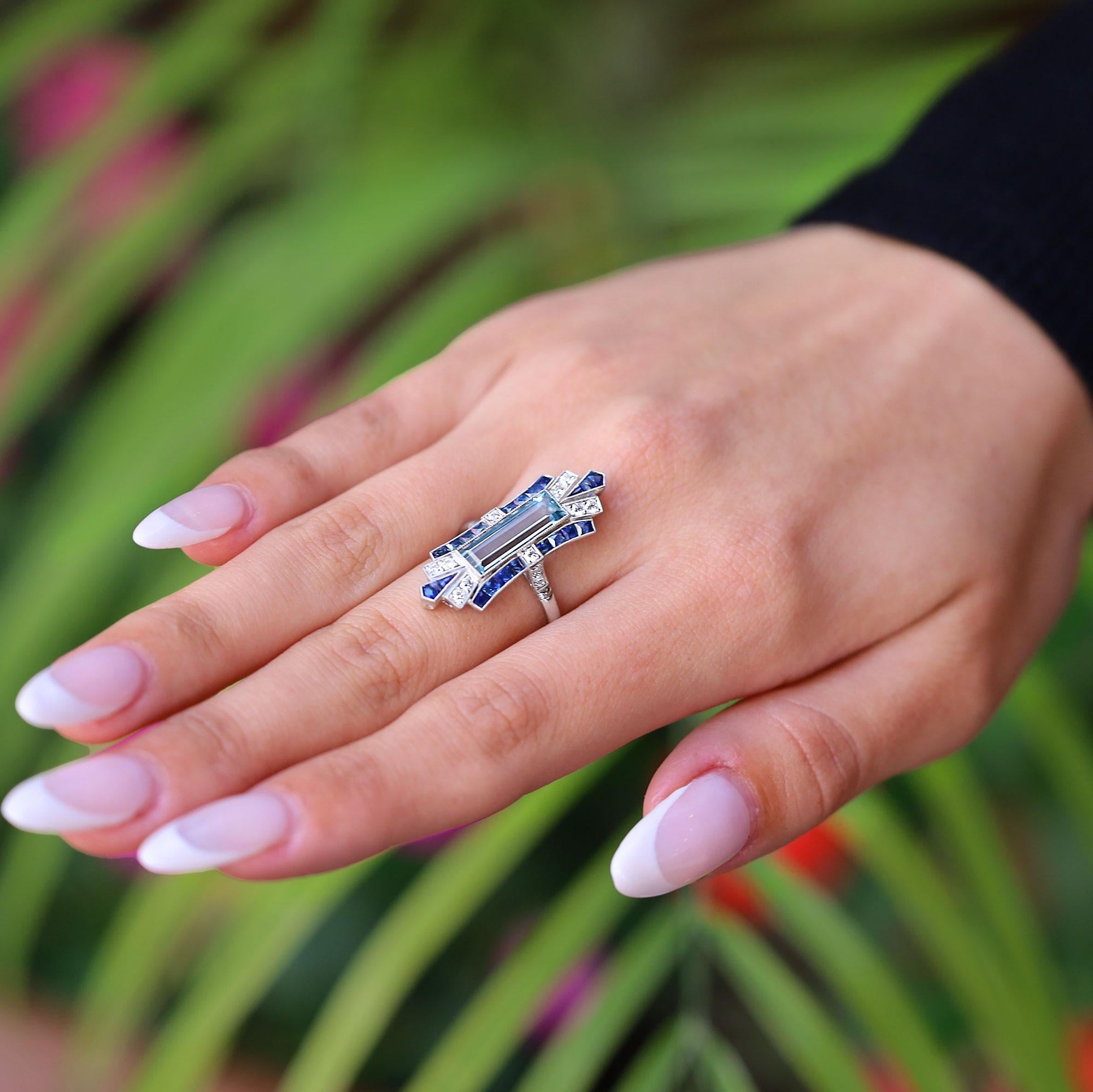 Art Deco Style Aquamarine Sapphire and Diamond Elongated Cocktail Ring