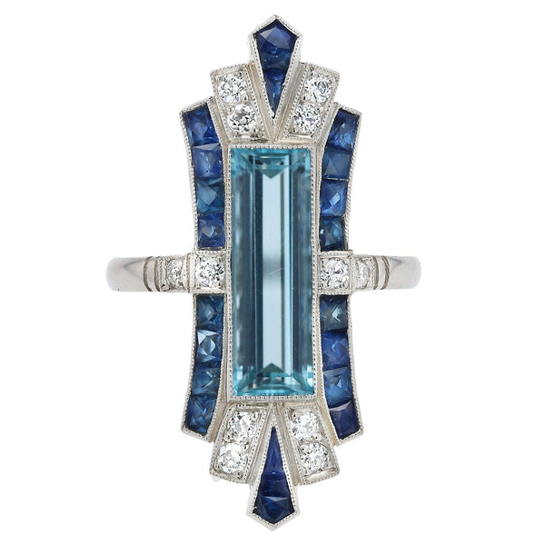 Art Deco Style Aquamarine Sapphire and Diamond Elongated Cocktail Ring