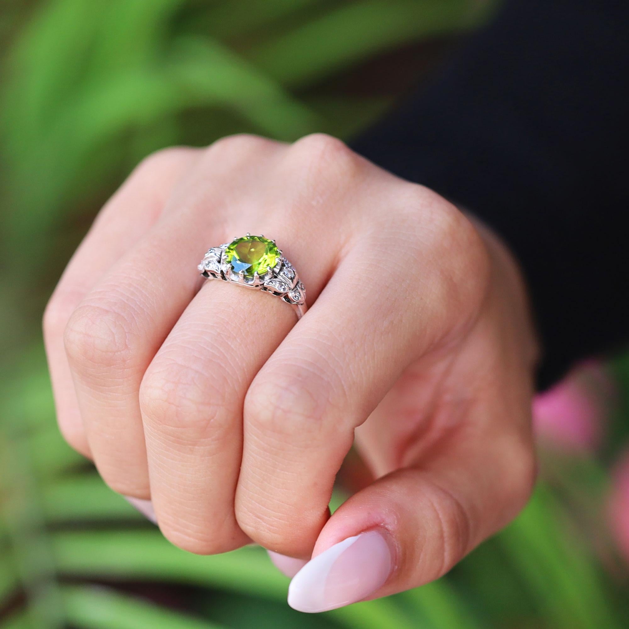 Peridot Platinum and Diamond Art Deco Gemstone Engagement Ring