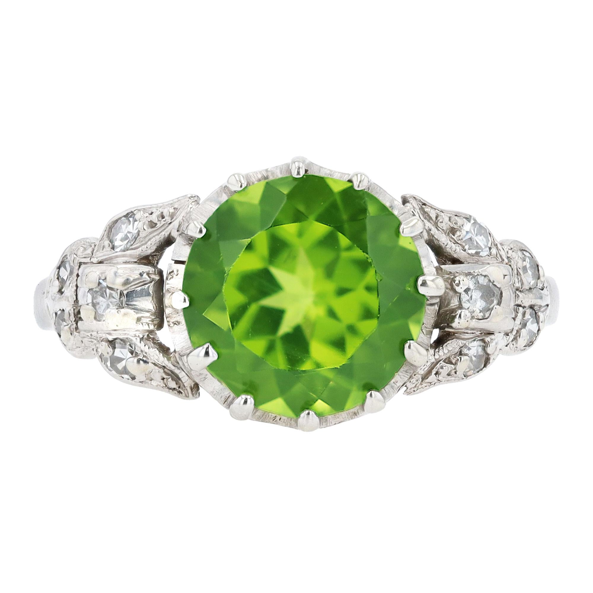 Peridot Platinum and Diamond Art Deco Gemstone Engagement Ring