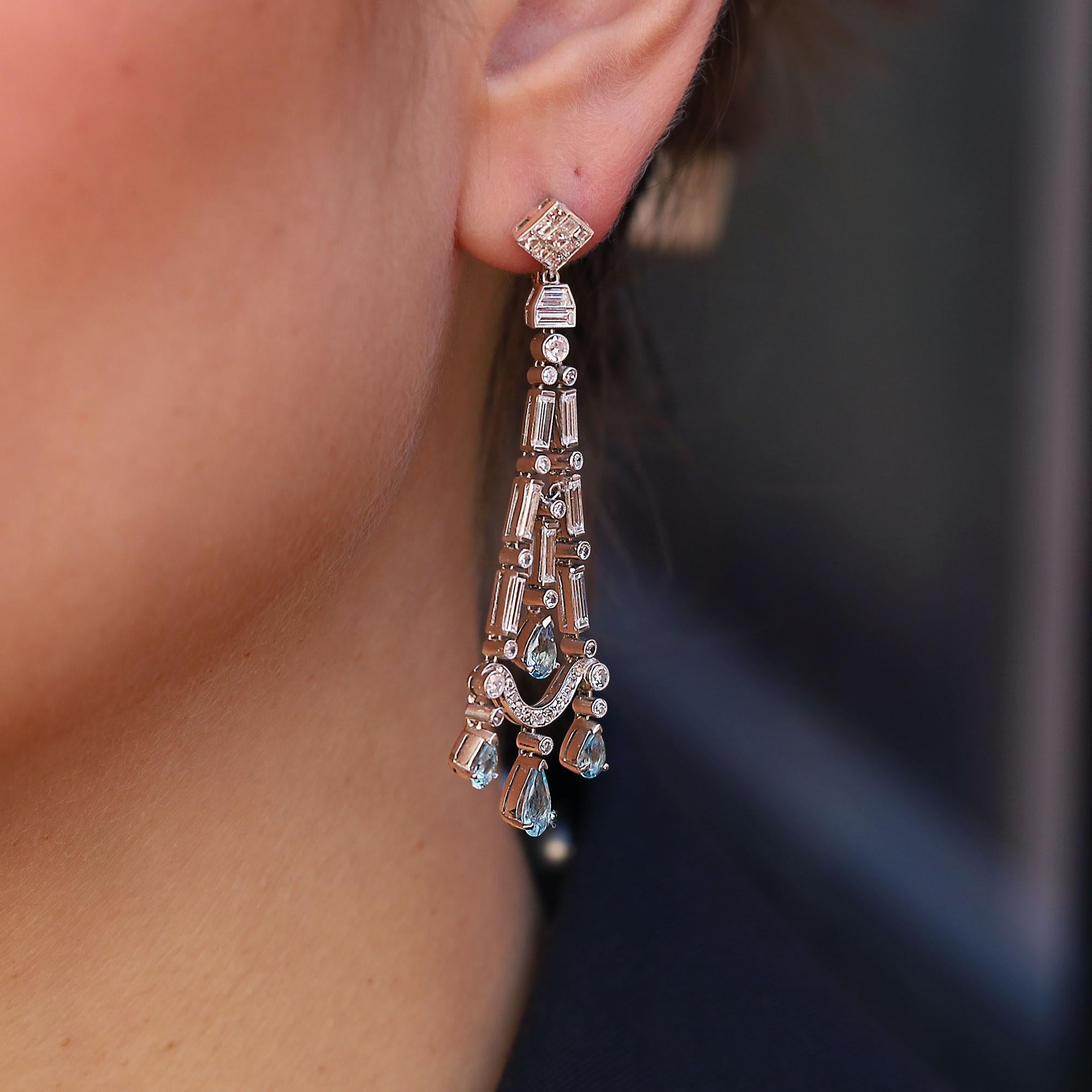 6 Carats Aquamarine & Diamond Platinum Chandelier Earrings