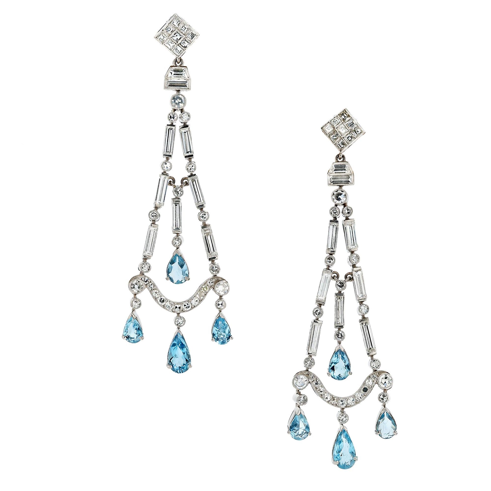 6 Carats Aquamarine & Diamond Platinum Chandelier Earrings