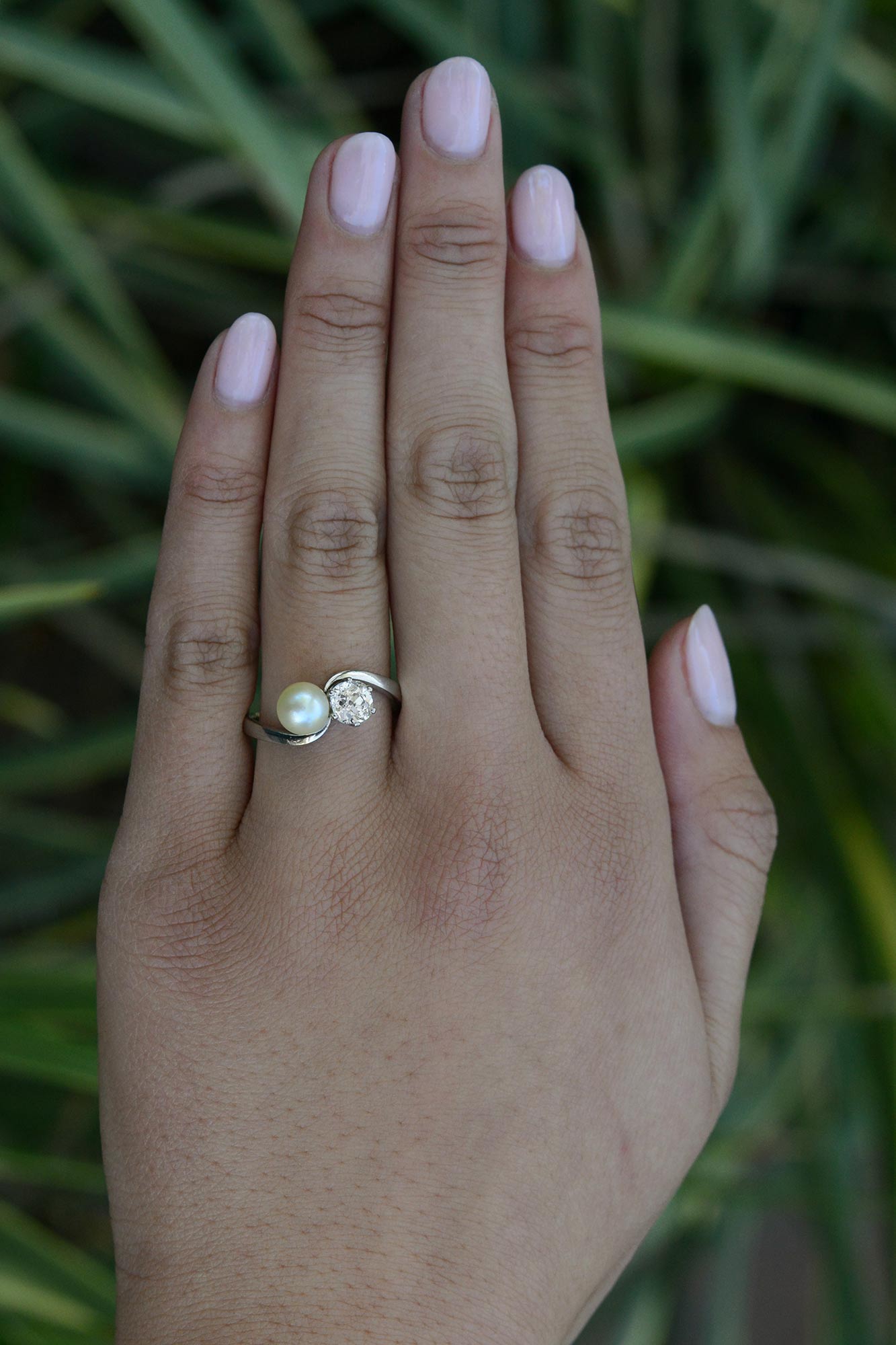 2 Stone Pearl Diamond Art Deco Engagement Ring