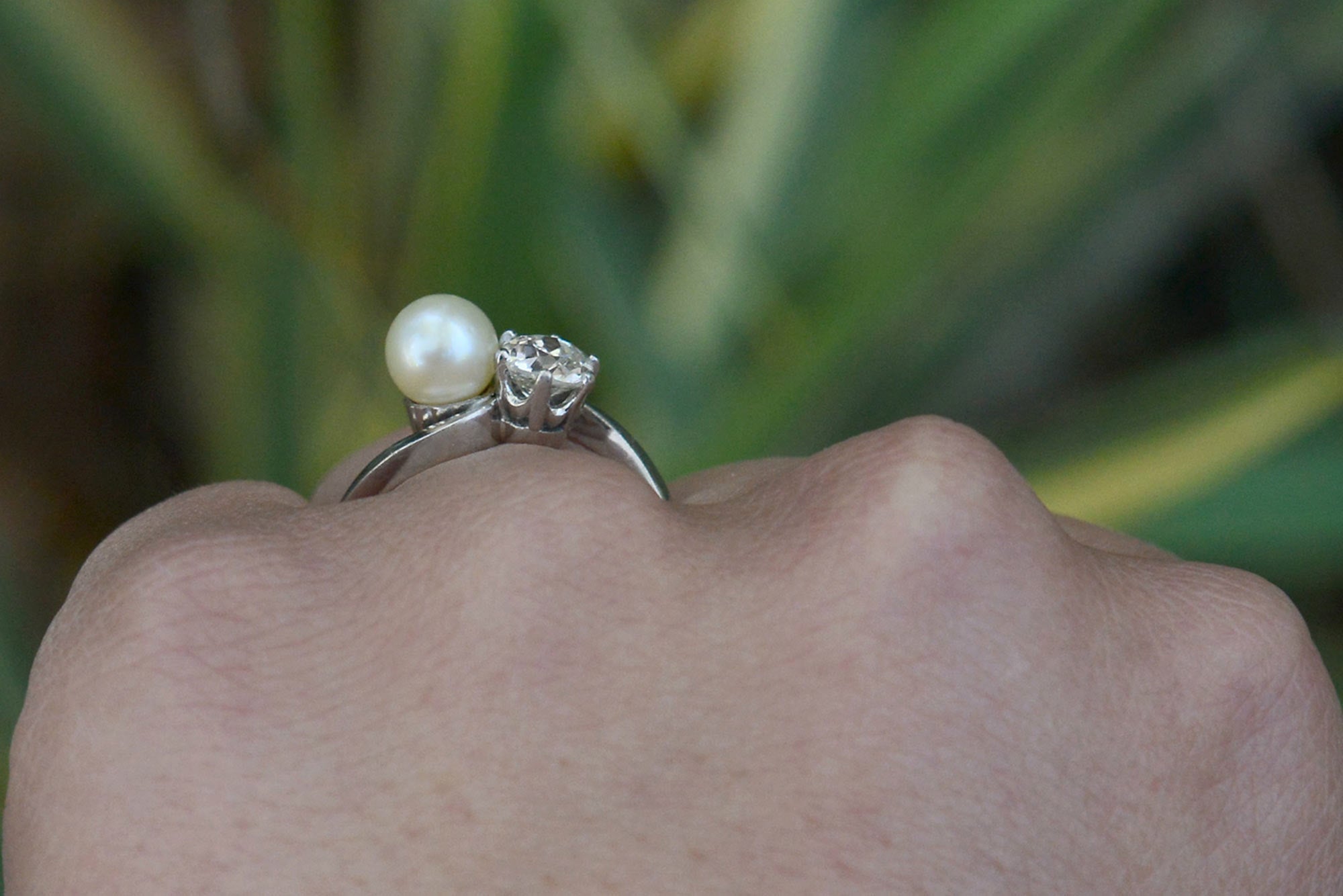 2 Stone Pearl Diamond Art Deco Engagement Ring
