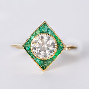 1.06 Carat Old European Single Diamond Emerald Art Deco Revival Ring