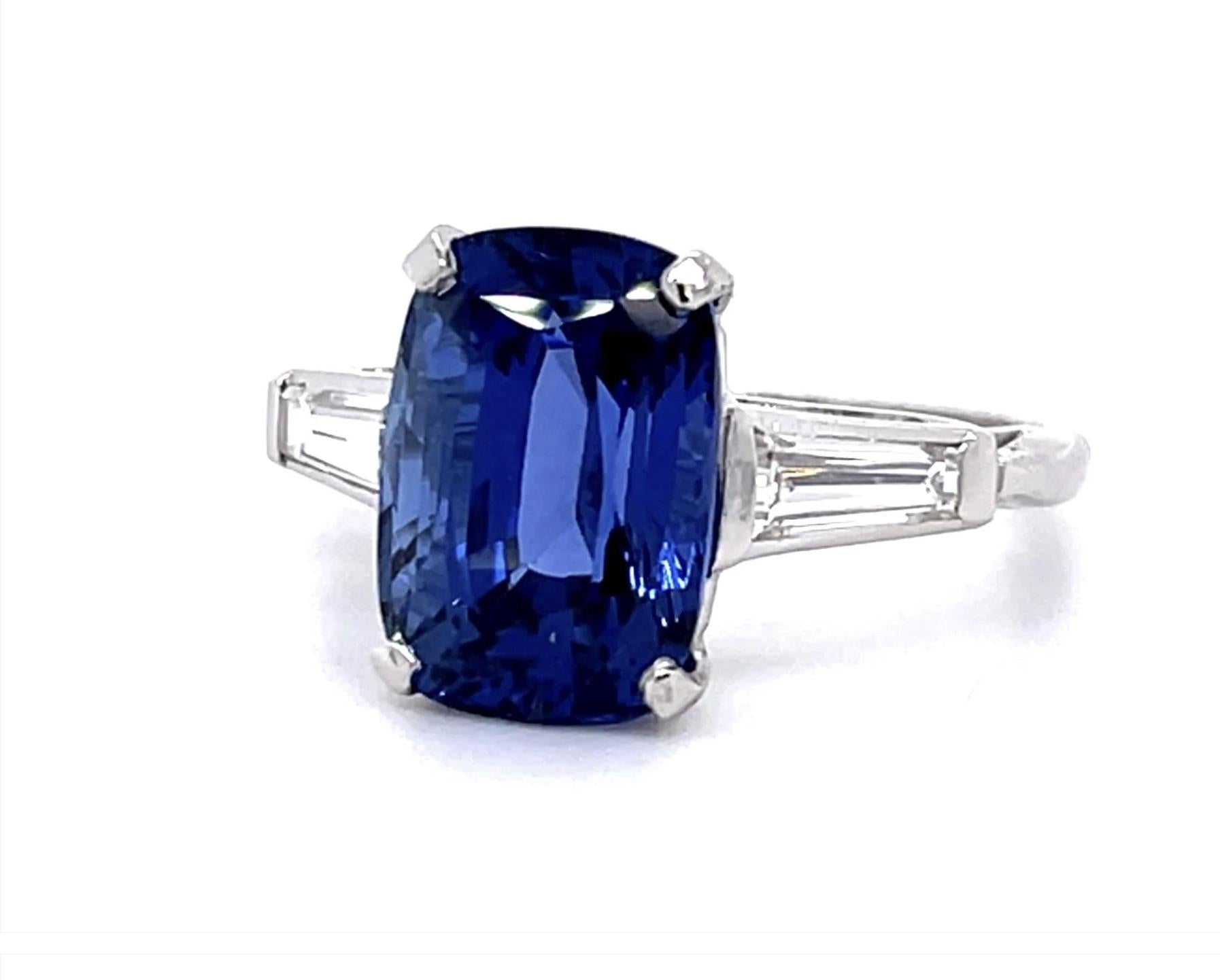 Art Deco 6.45 Carat Elongated Cushion Sapphire 3 Stone Ring GIA Certified