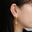 Italian 18k Gold Etruscan Revival Long Drop Garnet Earrings Signed Graziella