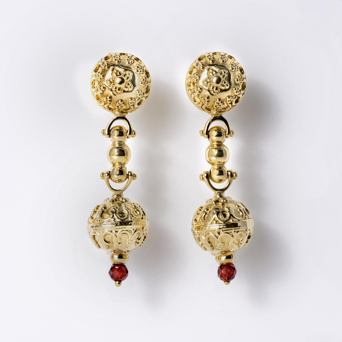 Italian 18k Gold Etruscan Revival Long Drop Garnet Earrings Signed Graziella