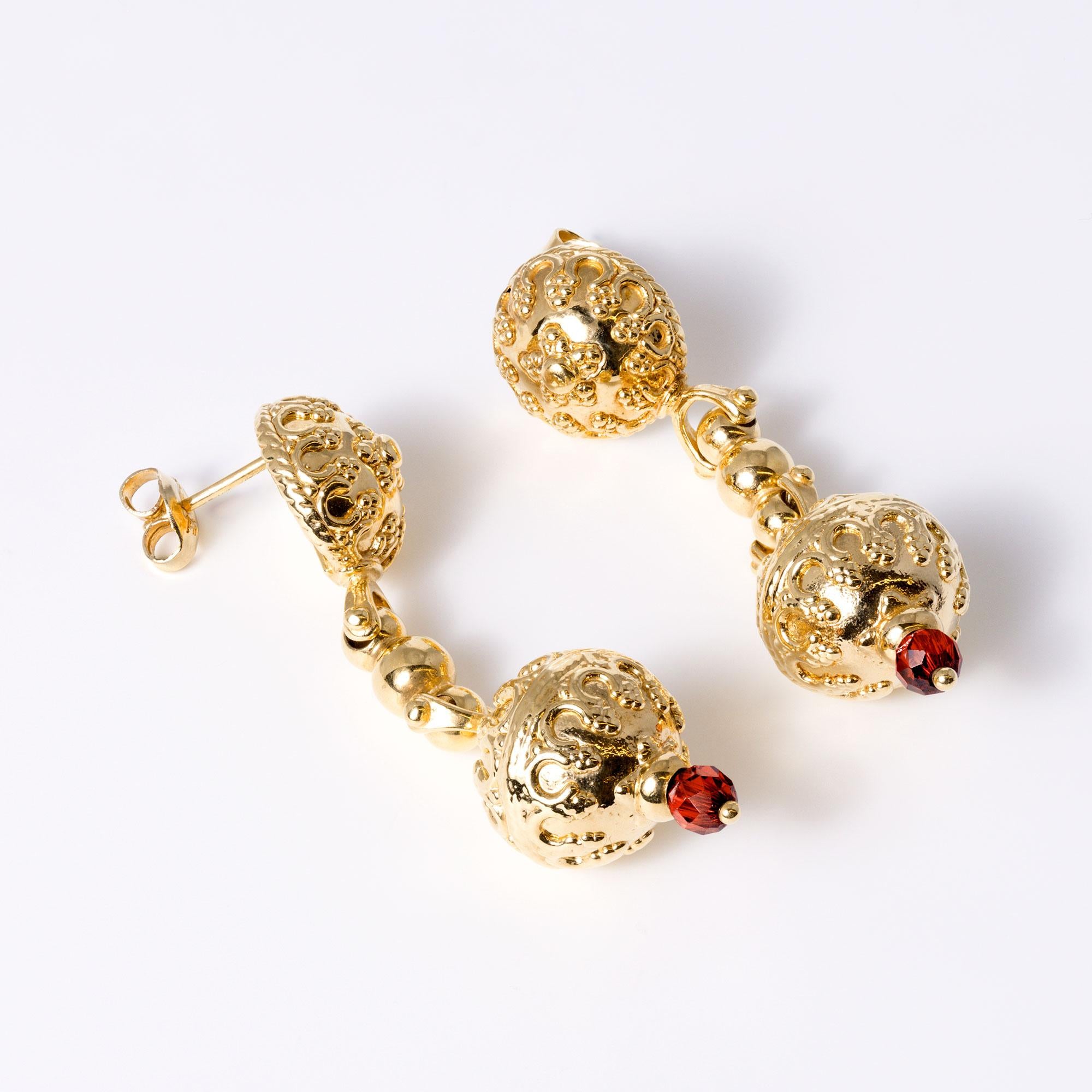Italian 18k Gold Etruscan Revival Long Drop Garnet Earrings Signed Graziella