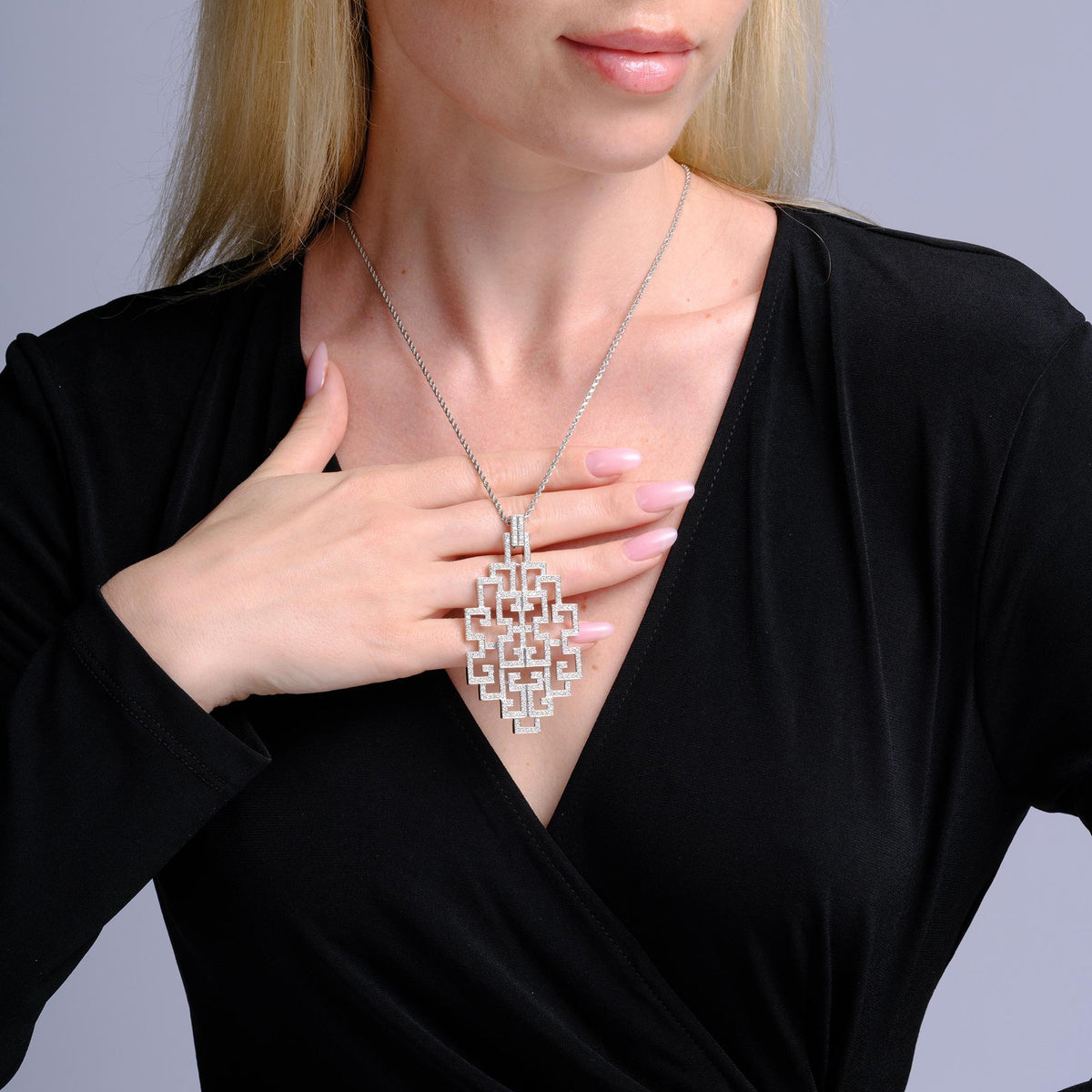 2.72 Carat Diamond White Gold Geometric Enhancer Large Pendant Necklace