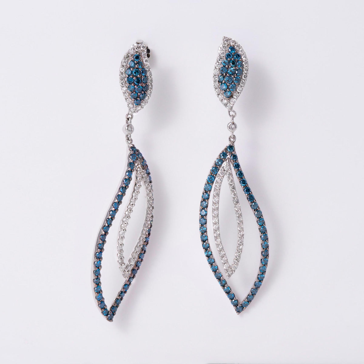 Vintage Blue & White Diamond Long Feather Dangle Earrings