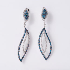 Vintage Blue & White Diamond Long Feather Dangle Earrings