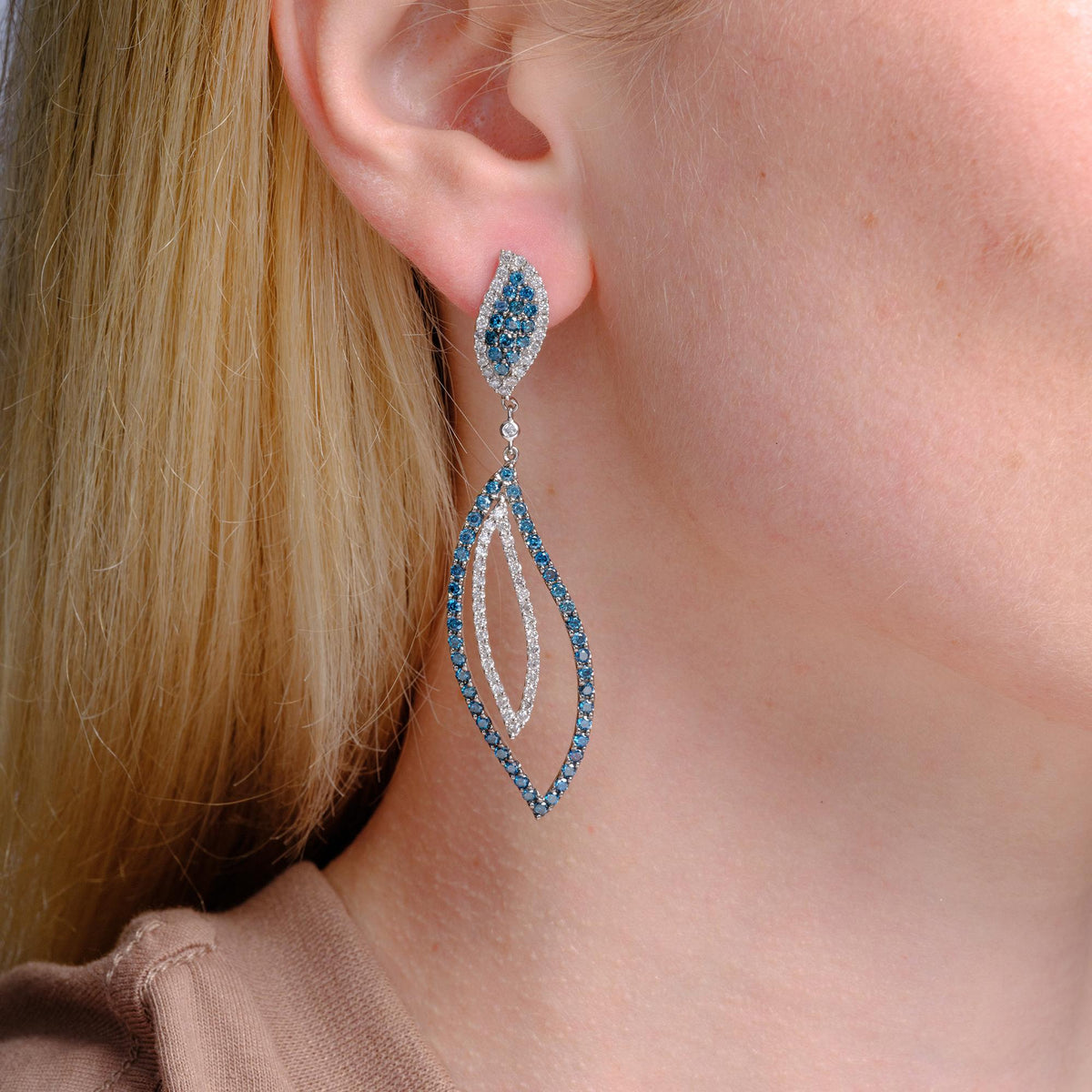 Vintage Blue & White Diamond Long Feather Dangle Earrings