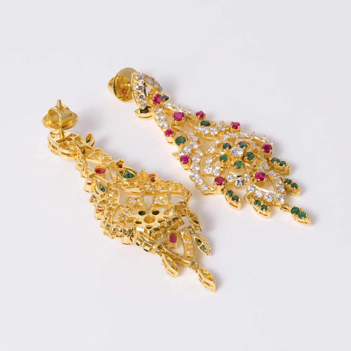 Vintage Mughal Style Diamond Ruby Emerald 22k Gold Dangle Earrings