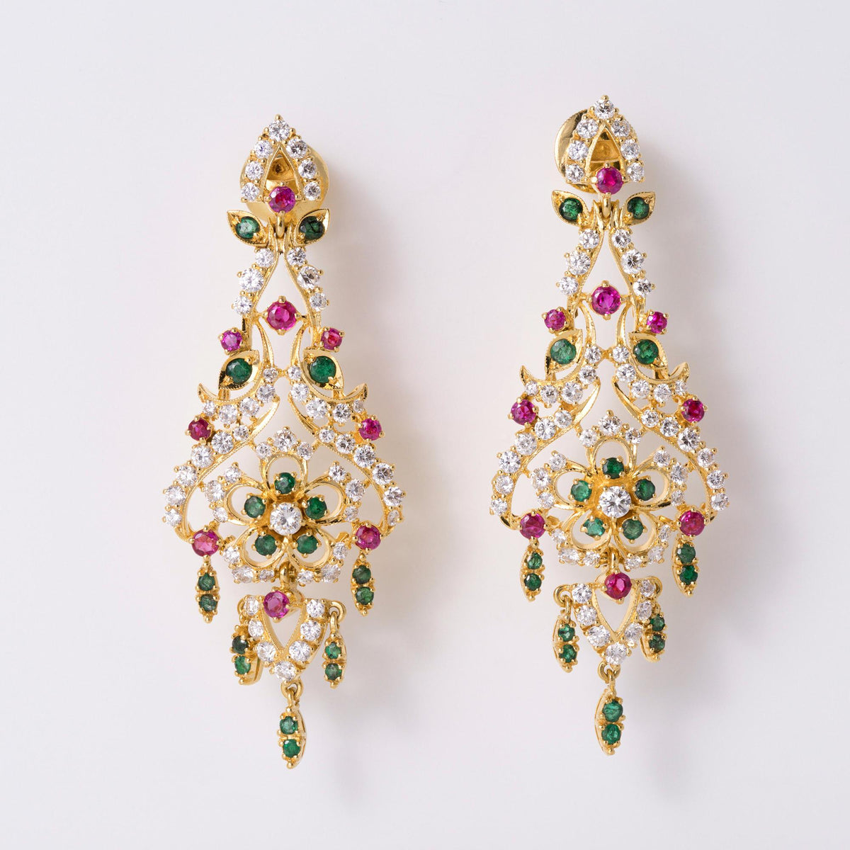 Vintage Mughal Style Diamond Ruby Emerald 22k Gold Dangle Earrings