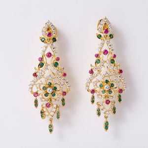 Vintage Mughal Style Diamond Ruby Emerald 22k Gold Dangle Earrings