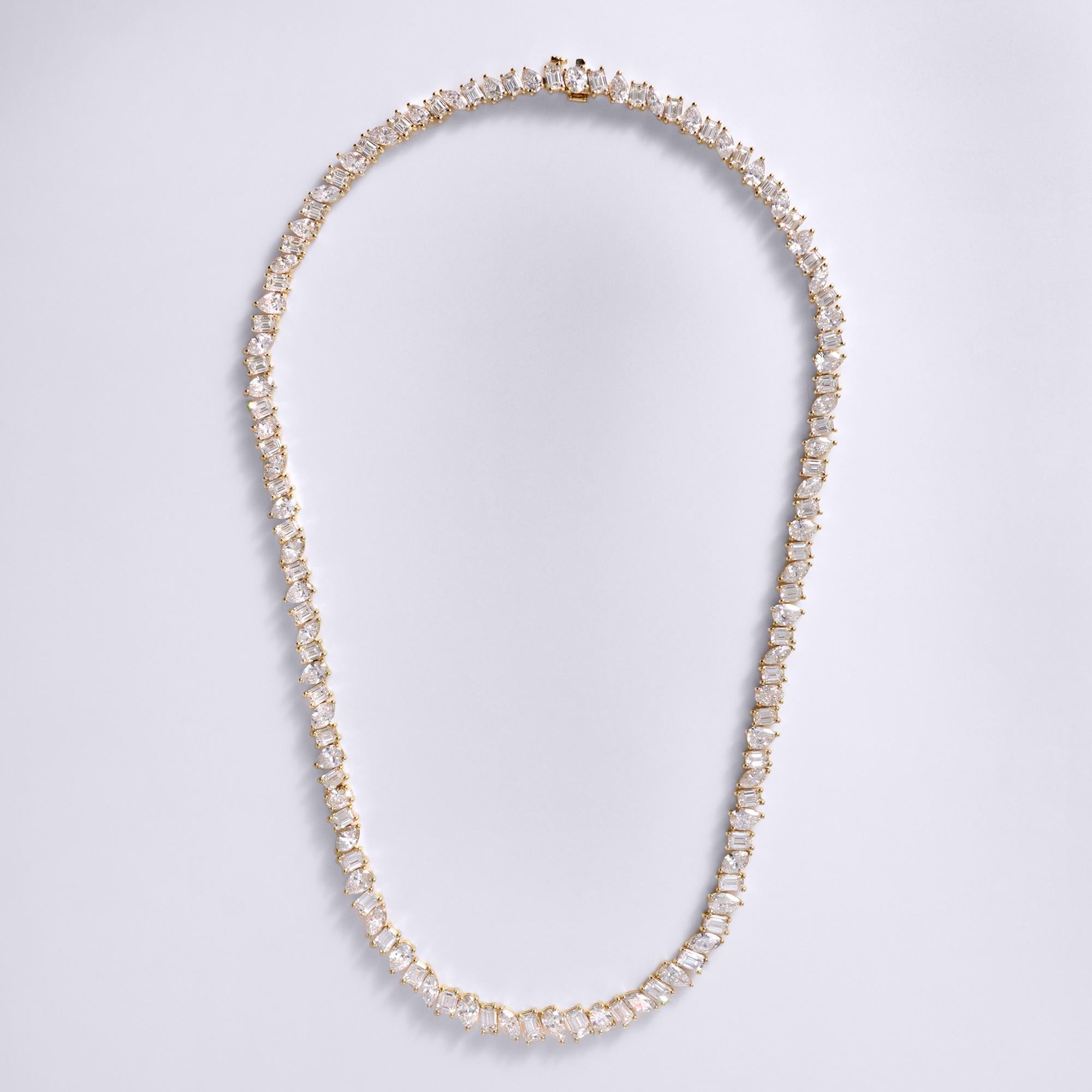Mixed Cut 29 Carat Diamond Yellow Gold Tennis Necklace