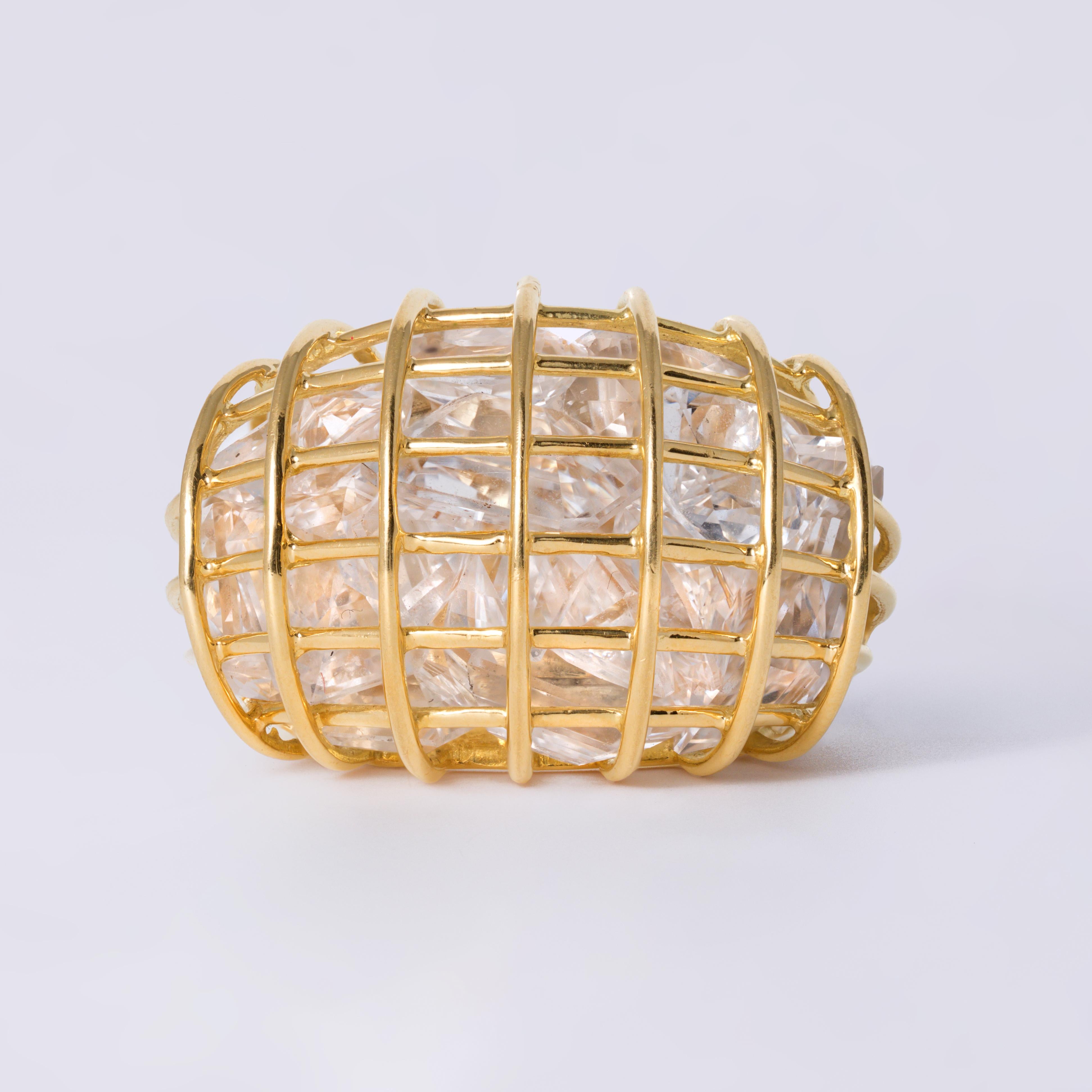 Signed Verdura Caged Collection 18k Gold Rock Crystal Estate Ring