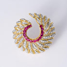 Vintage 1940s Retro Ruby & Diamond Swirling 18K Gold Brooch Pin