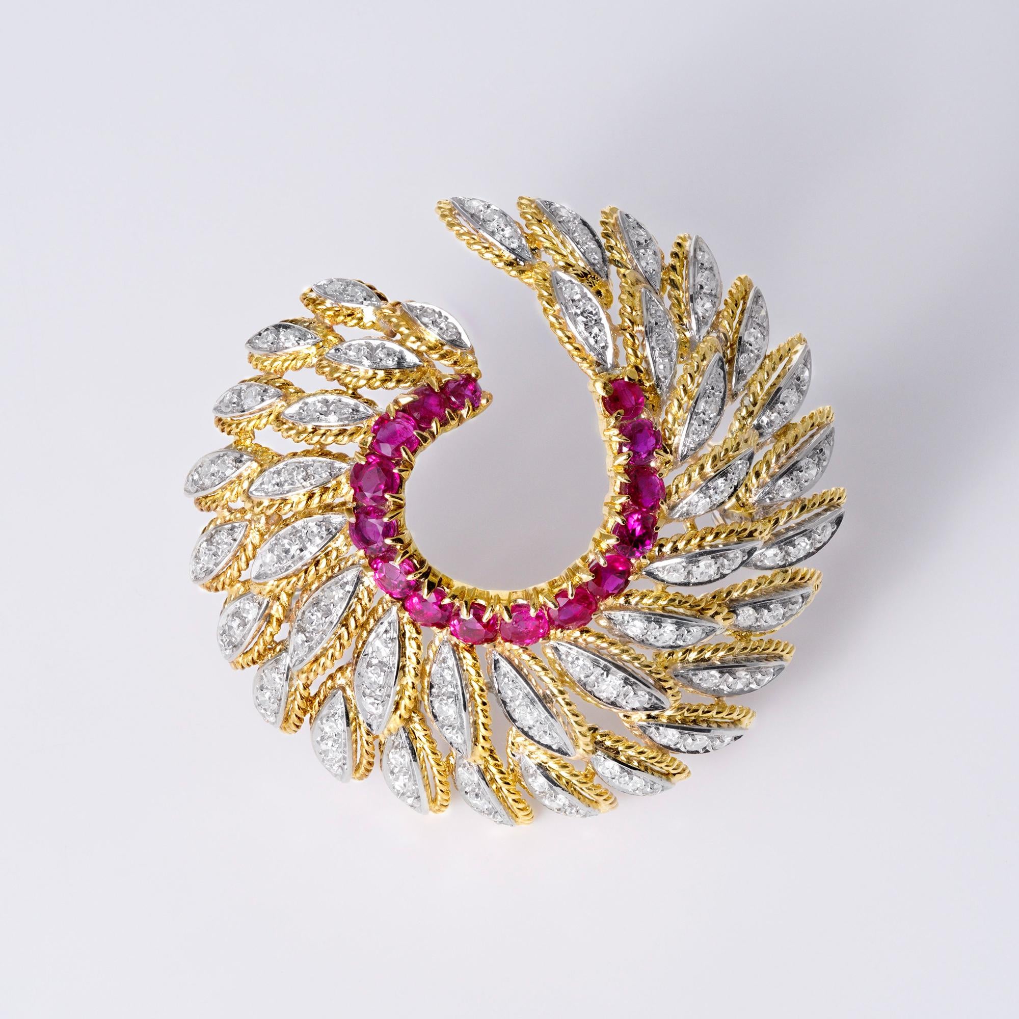 Vintage 1940s Retro Ruby & Diamond Swirling 18K Gold Brooch Pin