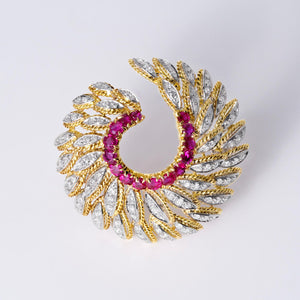 Vintage 1940s Retro Ruby & Diamond Swirling 18K Gold Brooch Pin
