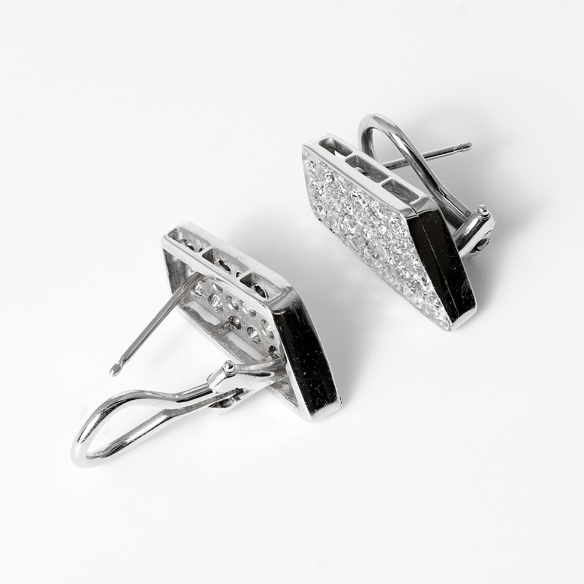 Geometric 1.30 Carat Pavè Diamond 14K White Gold Omega Back Estate Earrings