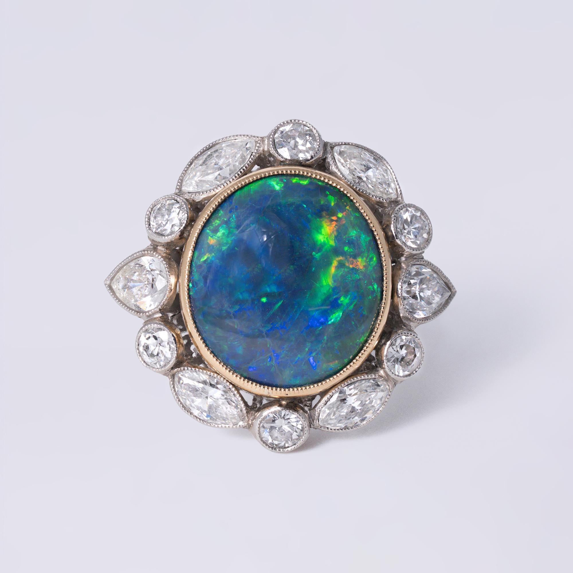 Mid-Century Black Opal and Diamond Platinum Cocktail Ring