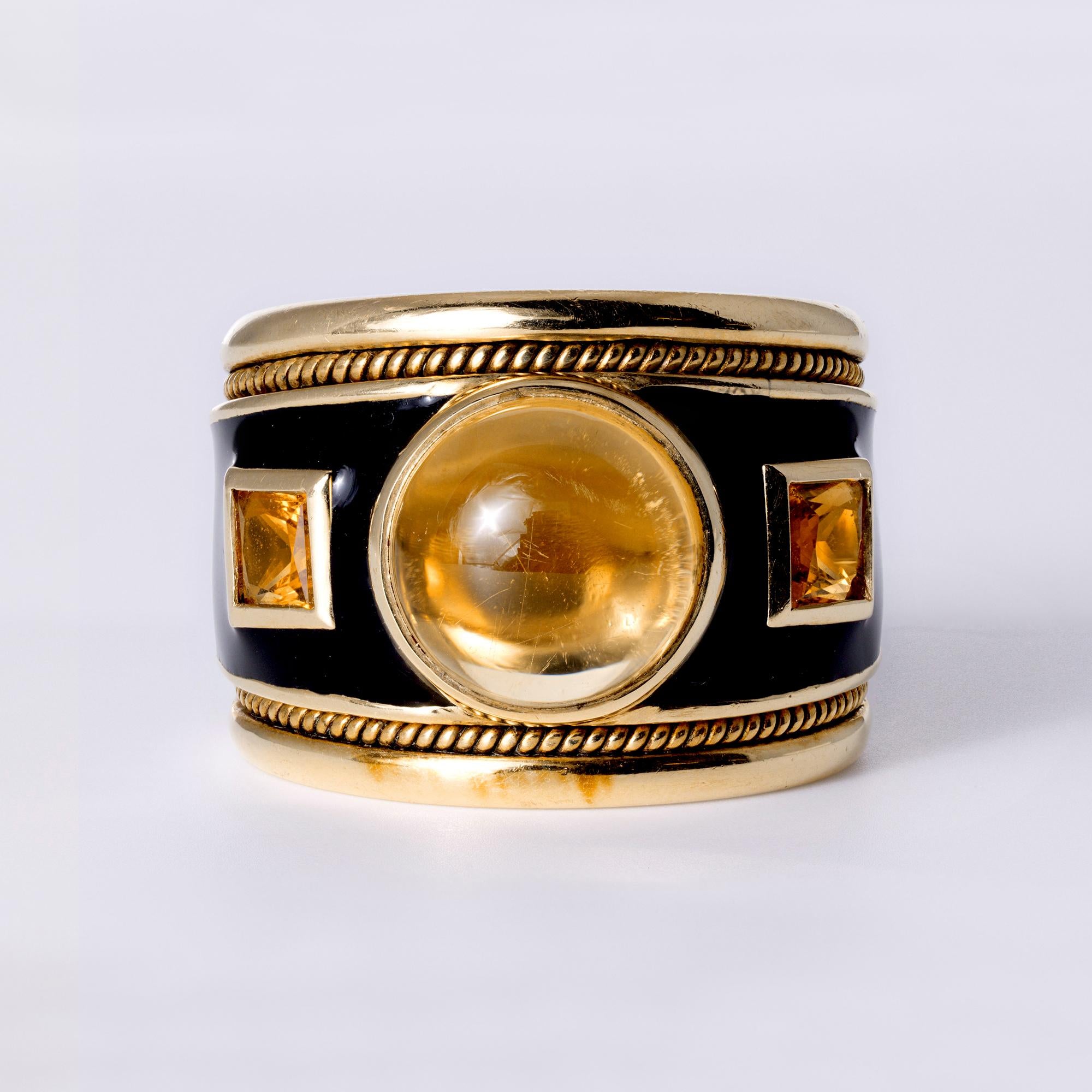 Vintage Mid Century Modern Citrine Black Enamel Wide Cigar Band Ring