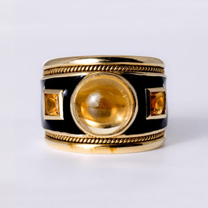 Vintage Mid Century Modern Citrine Black Enamel Wide Cigar Band Ring