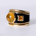 Vintage Mid Century Modern Citrine Black Enamel Wide Cigar Band Ring