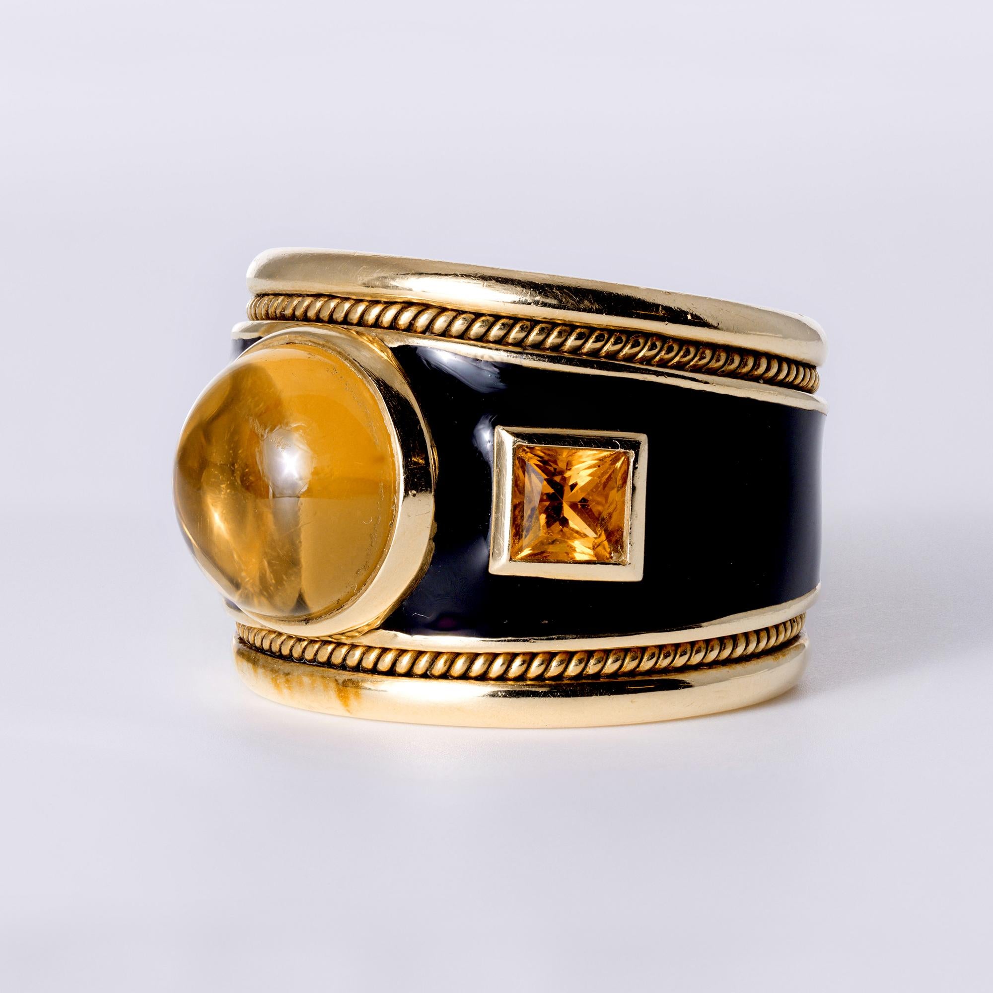 Vintage Mid Century Modern Citrine Black Enamel Wide Cigar Band Ring