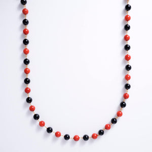 Antique Art Deco Coral and Onyx Beads Necklace and Bracelet Set