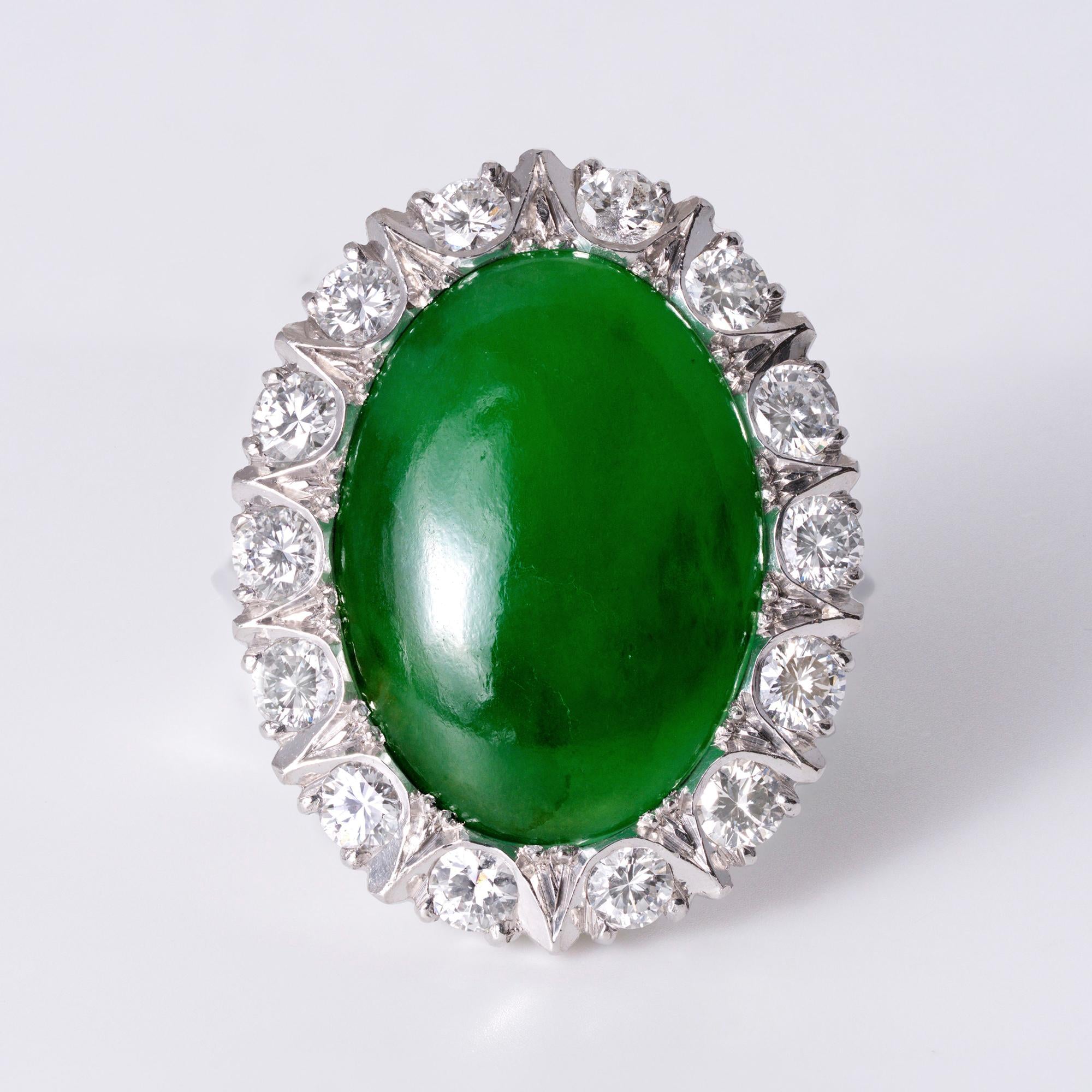Retro 1940s GIA Certified 6.50 Carat Burmese Fei Cui Type A Jade & Diamond Ring