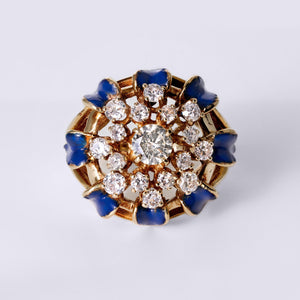 Vintage Mid-Century Royal Blue Enamel & Diamond Bombè Cocktail Ring