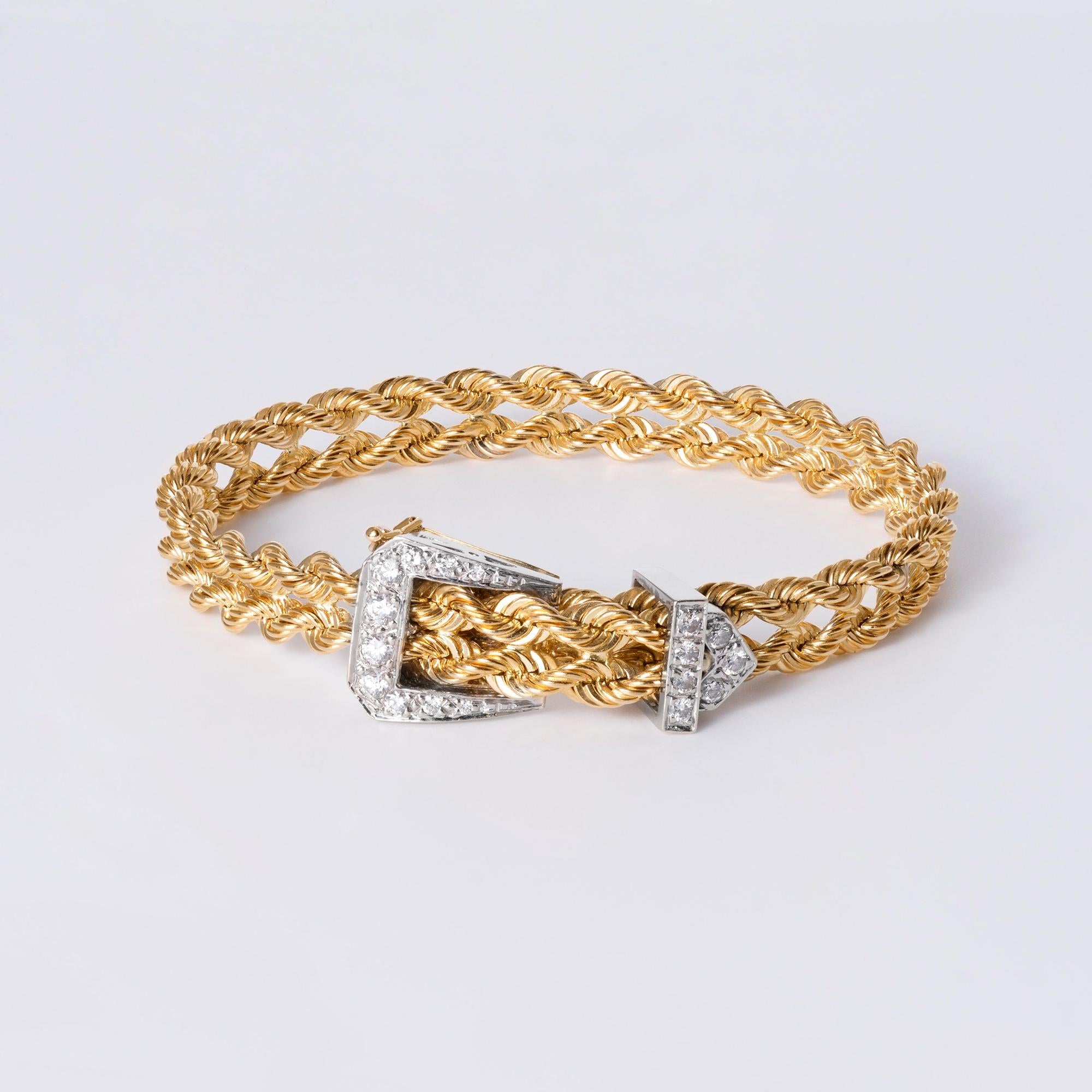 Vintage 14k Gold Rope Diamond Adjustable Belt Buckle Bracelet