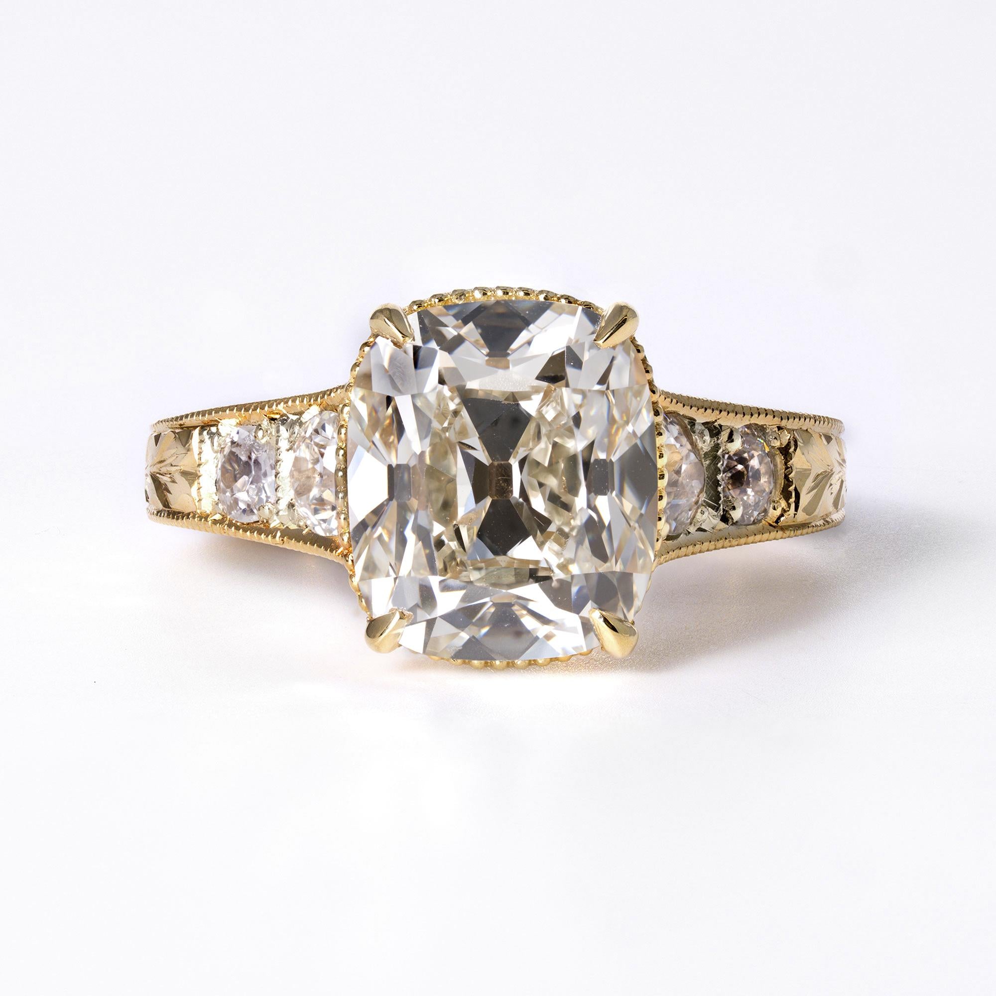 GIA Certified Antique 4 Carat Old Mine Cut Diamond Engraved Engagement Ring