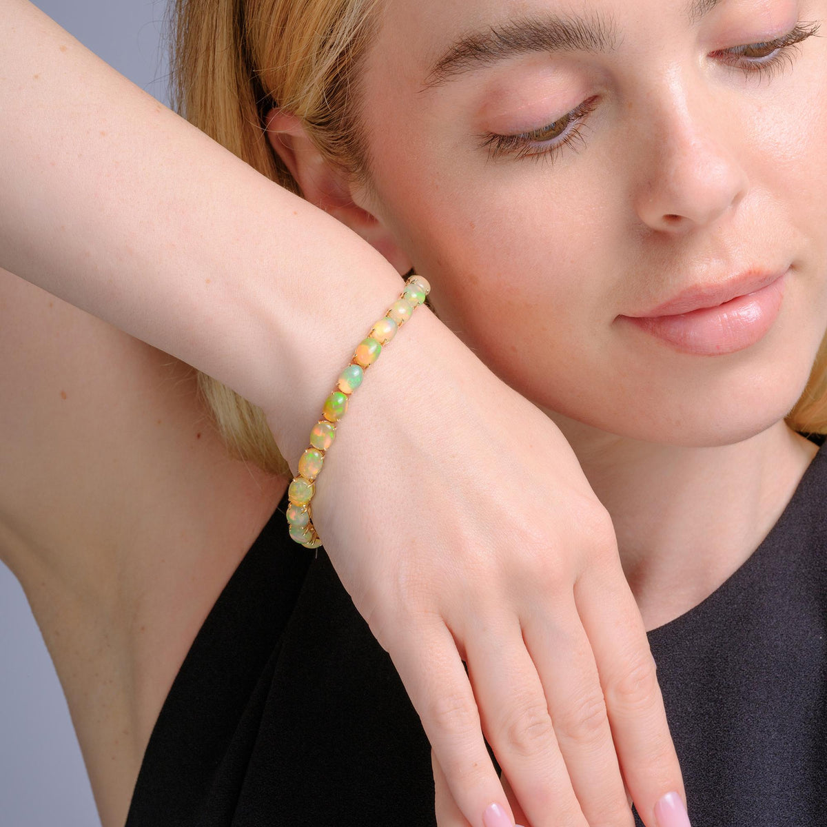 Fiery 20 Carat Opal Tennis Bracelet 14 Karat Yellow Gold