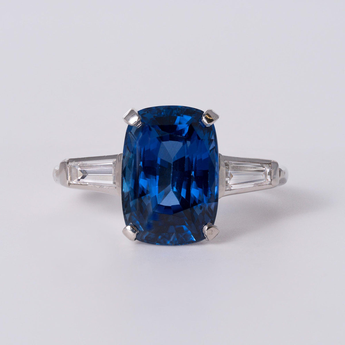 Art Deco 6.45 Carat Elongated Cushion Sapphire 3 Stone Ring GIA Certified