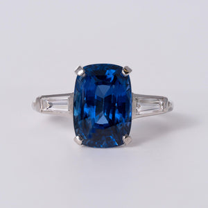 Art Deco 6.45 Carat Elongated Cushion Sapphire 3 Stone Ring GIA Certified
