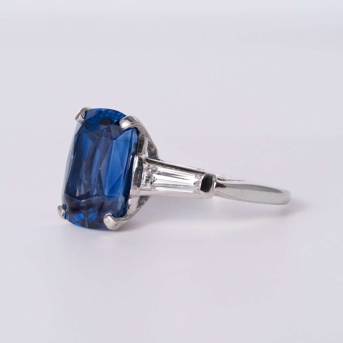Art Deco 6.45 Carat Elongated Cushion Sapphire 3 Stone Ring GIA Certified
