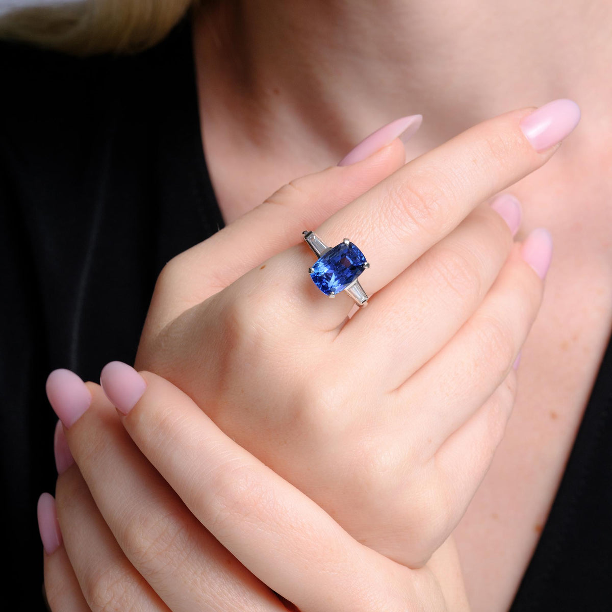 Art Deco 6.45 Carat Elongated Cushion Sapphire 3 Stone Ring GIA Certified
