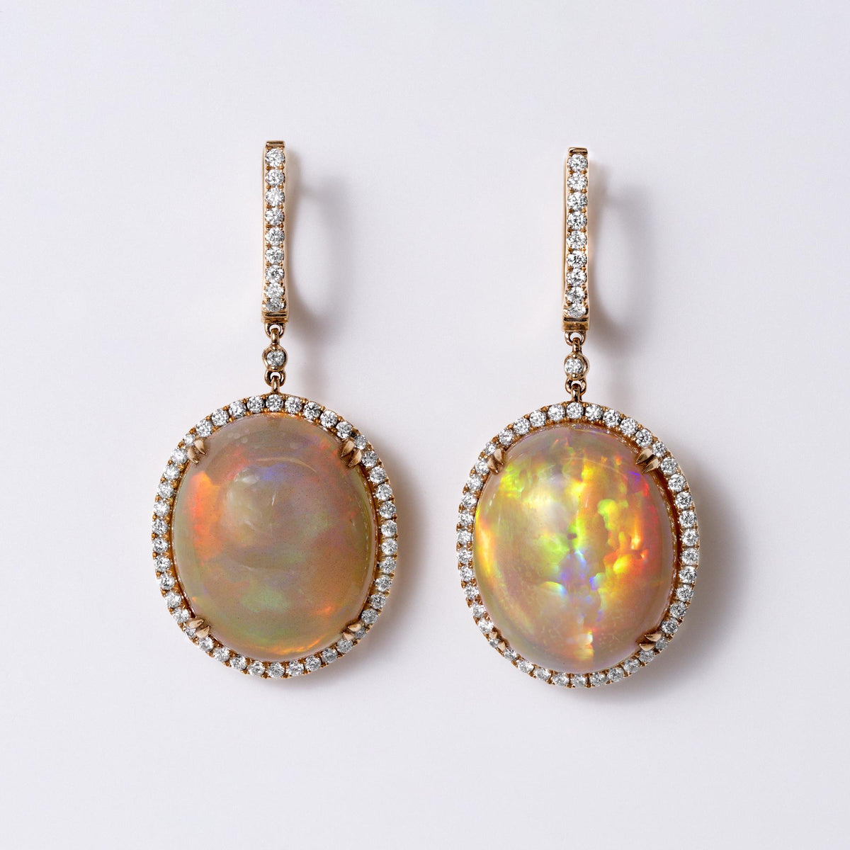 Fiery 27 Carat Opal & Diamond 18k Rose Gold Drop Earrings