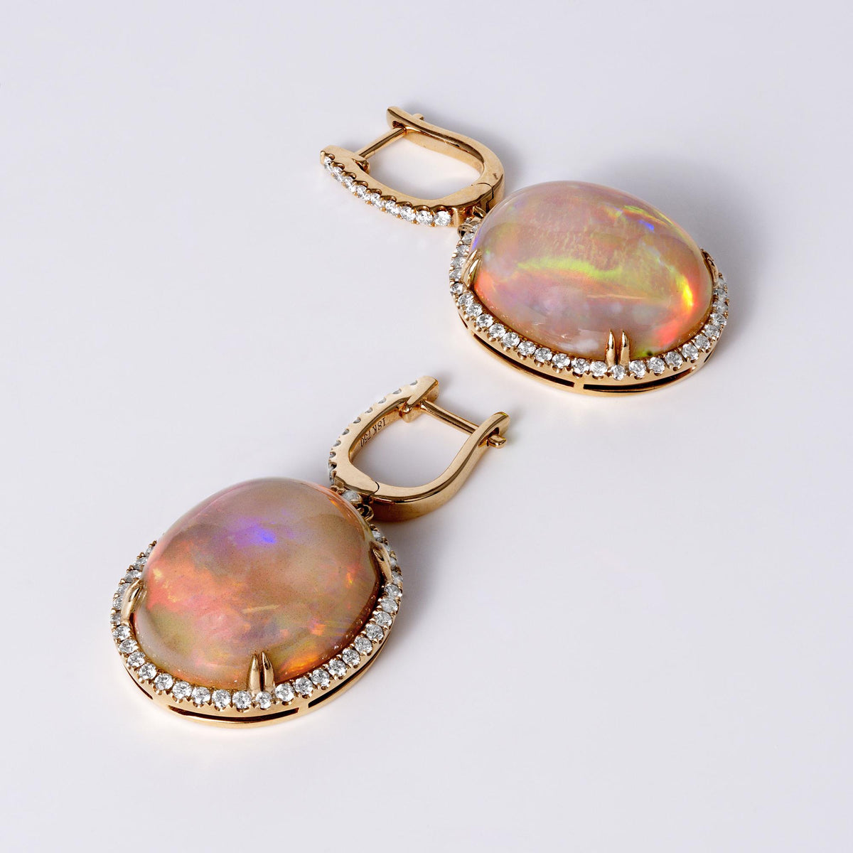Fiery 27 Carat Opal & Diamond 18k Rose Gold Drop Earrings