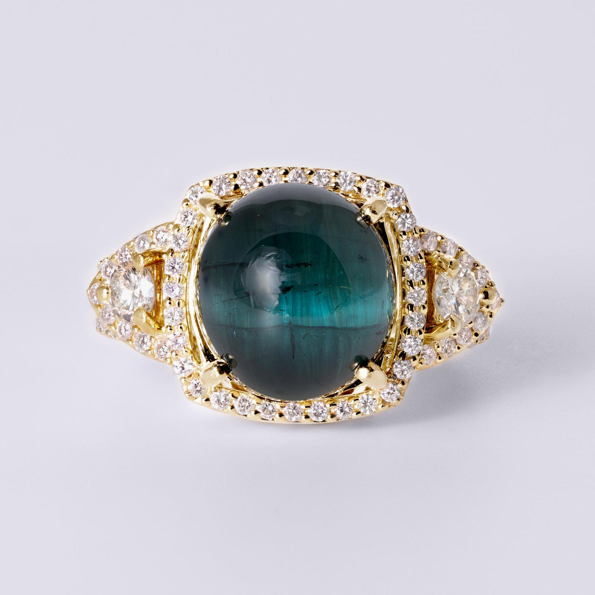 Vintage 14k Gold 9.62 Carat Cat's Eye Indicolite Tourmaline & Diamond Ring