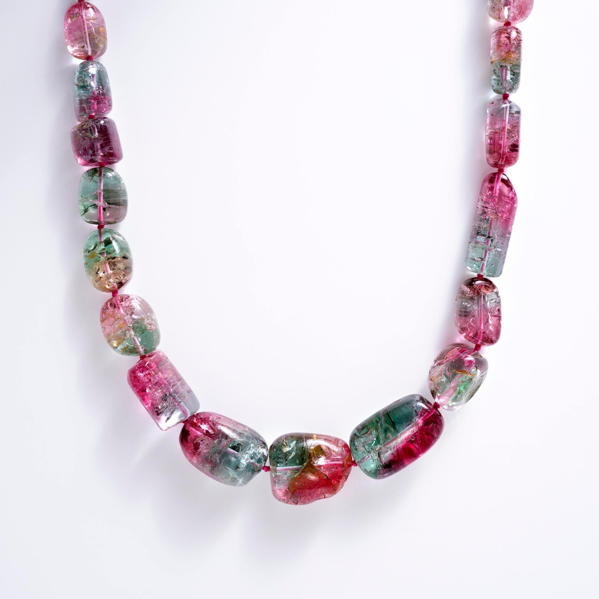 Multicolor Watermelon Tourmaline Beads Necklace 18k Gold 21"