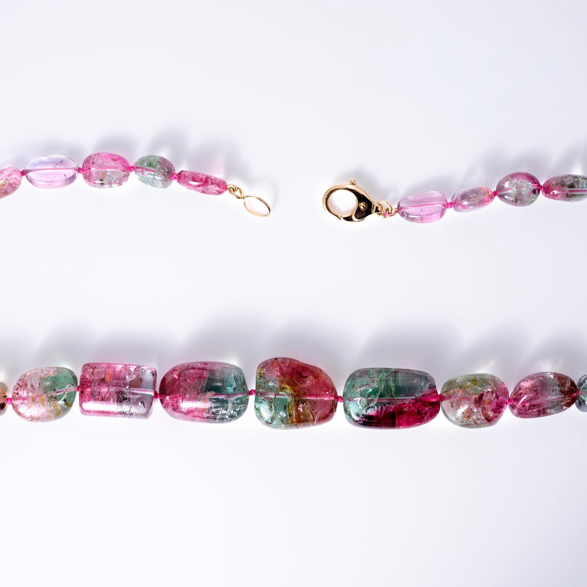 Multicolor Watermelon Tourmaline Beads Necklace 18k Gold 21"