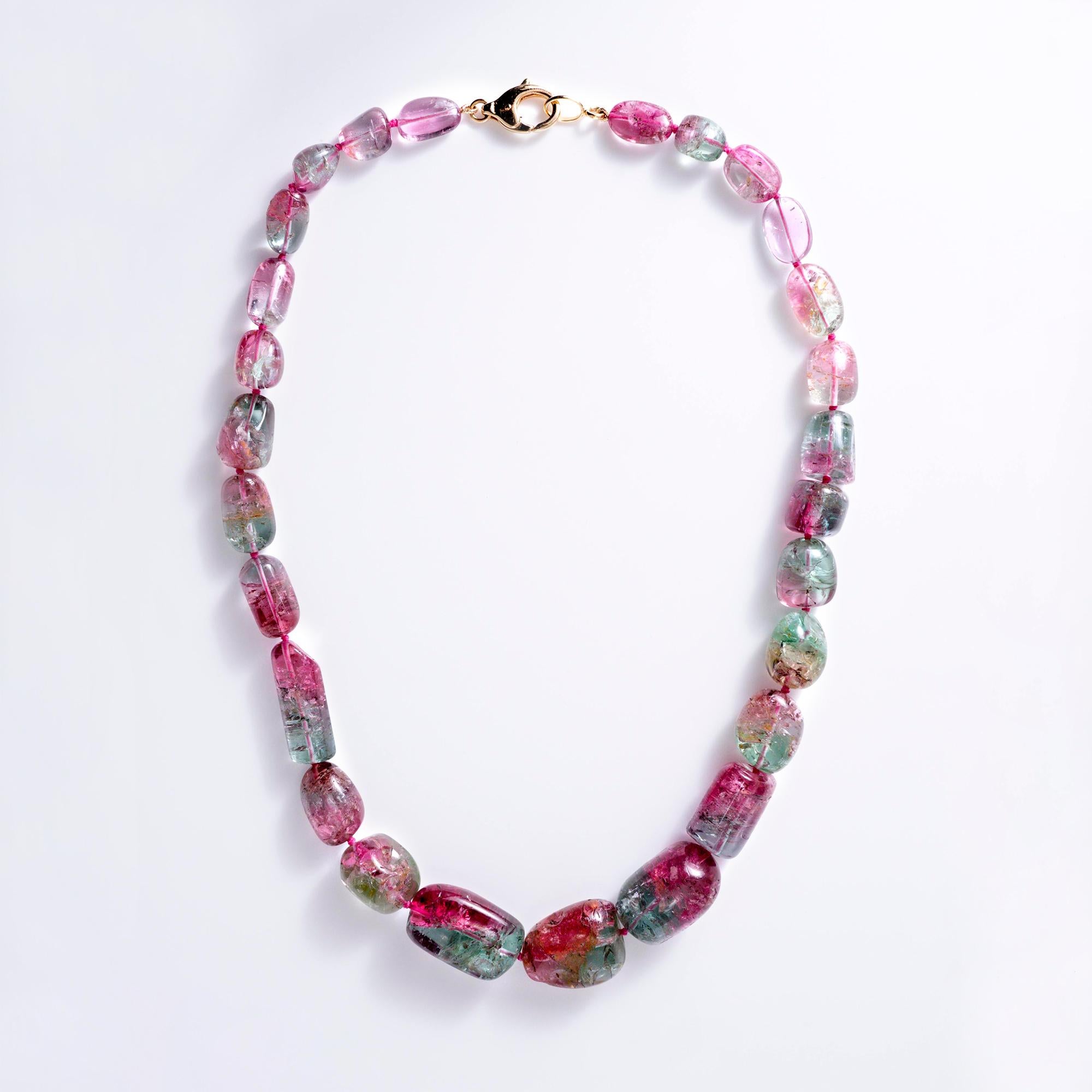 Multicolor Watermelon Tourmaline Beads Necklace 18k Gold 21"