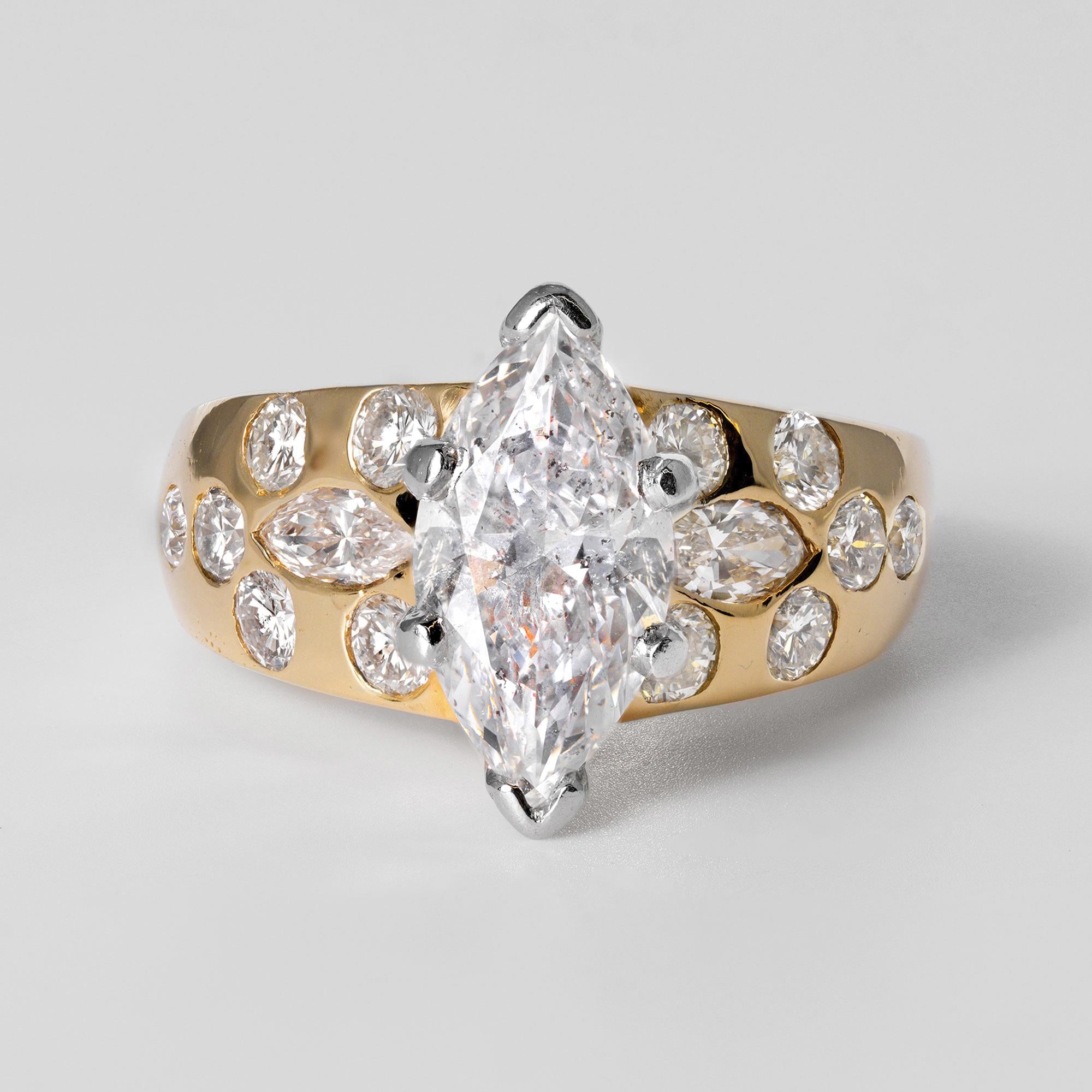 Vintage 1980s 2 Carat Marquise Diamond 18k Gold Scatter Band Engagement Ring