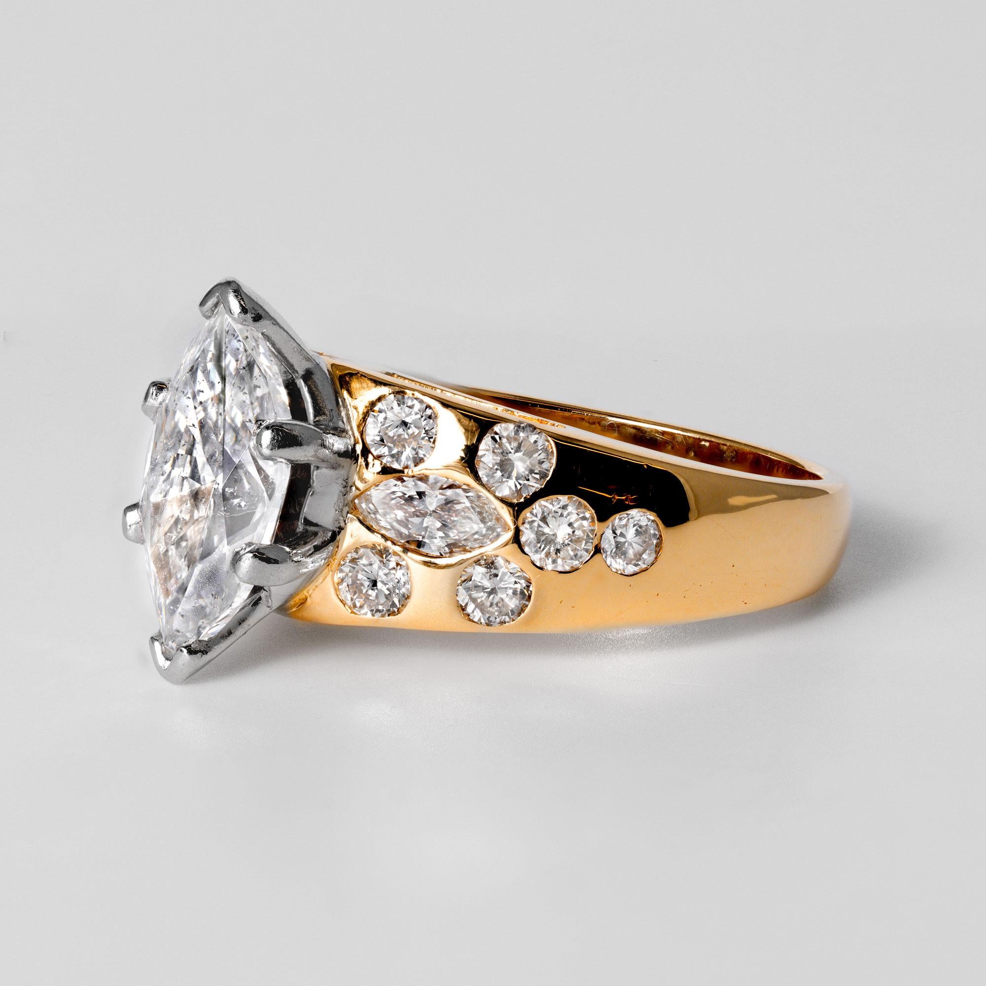 Vintage 1980s 2 Carat Marquise Diamond 18k Gold Scatter Band Engagement Ring