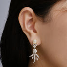 Mid Century 14k White Gold Flower, Pearl & Diamond Drop Earrings